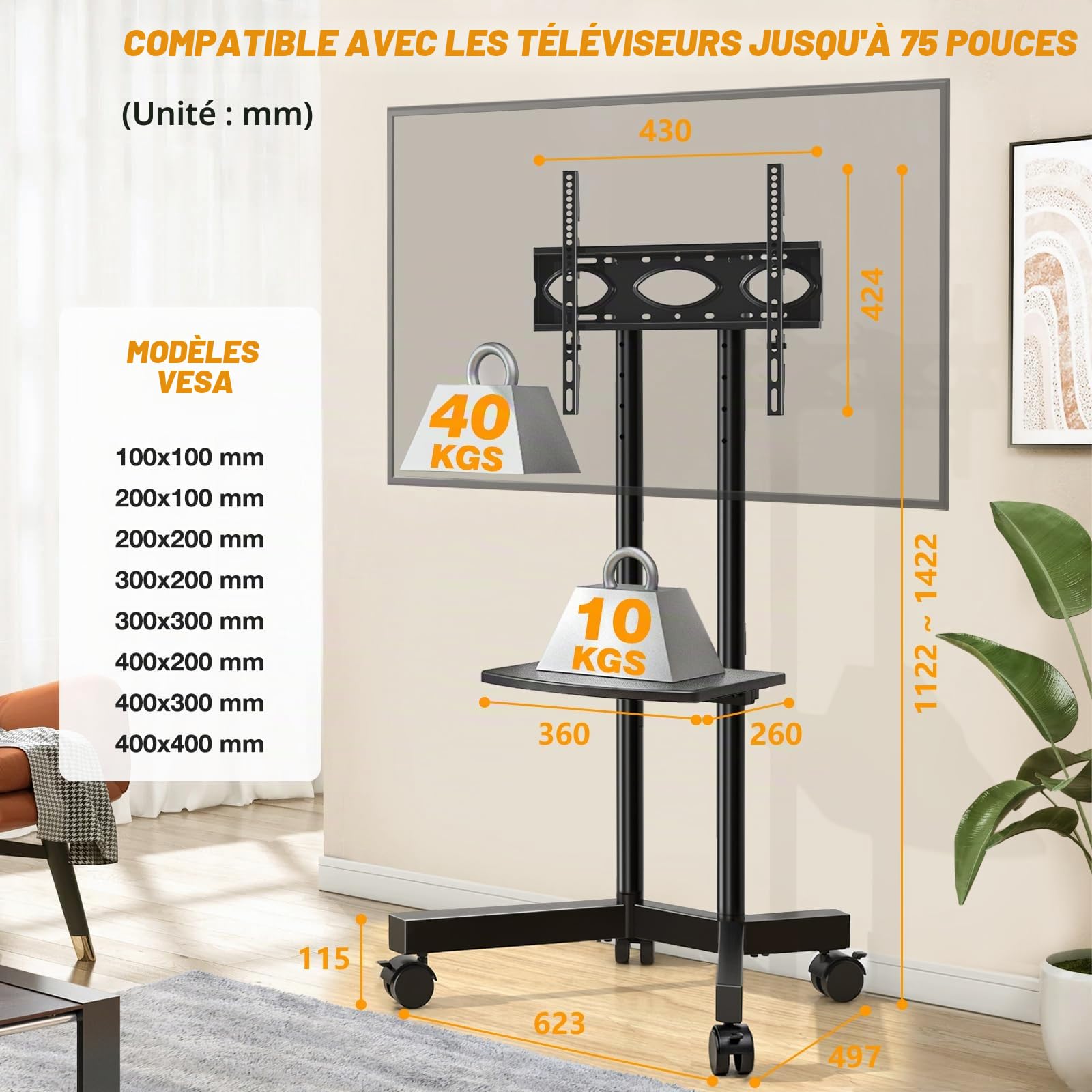 TVON Support TV sur Pied pour Télé de 32 à 75 Pouces, Réglable en Hauteur Support TV roulettes Pied TV avec Etagère Chariot Meuble TV Jusqu 'à 40 kg, Max VESA 400x400mm