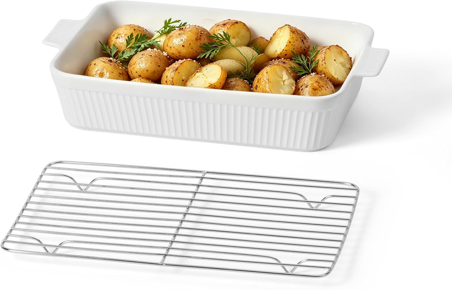 Frewinky 9x13 Ceramic Baking Dish for Oven with Roasting Rack, 4.25 Qt