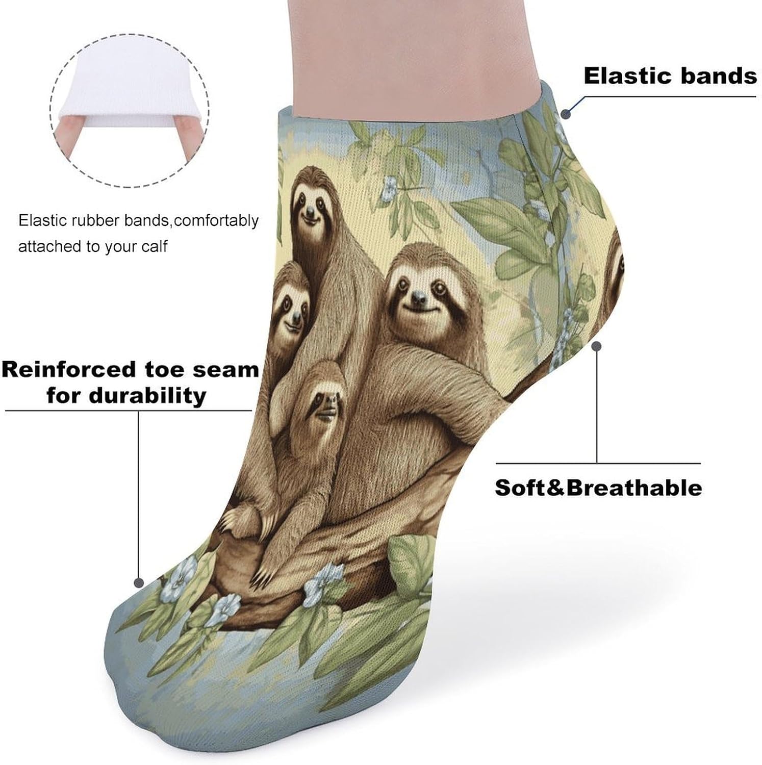 Sloth Family Ankle Socks for Men Women 5 Pairs | Comfortable Casual Low Cut Socks, Lightweight No Show Breathable Athletic Socks, Soft Mini Crew Socks for All Seasons