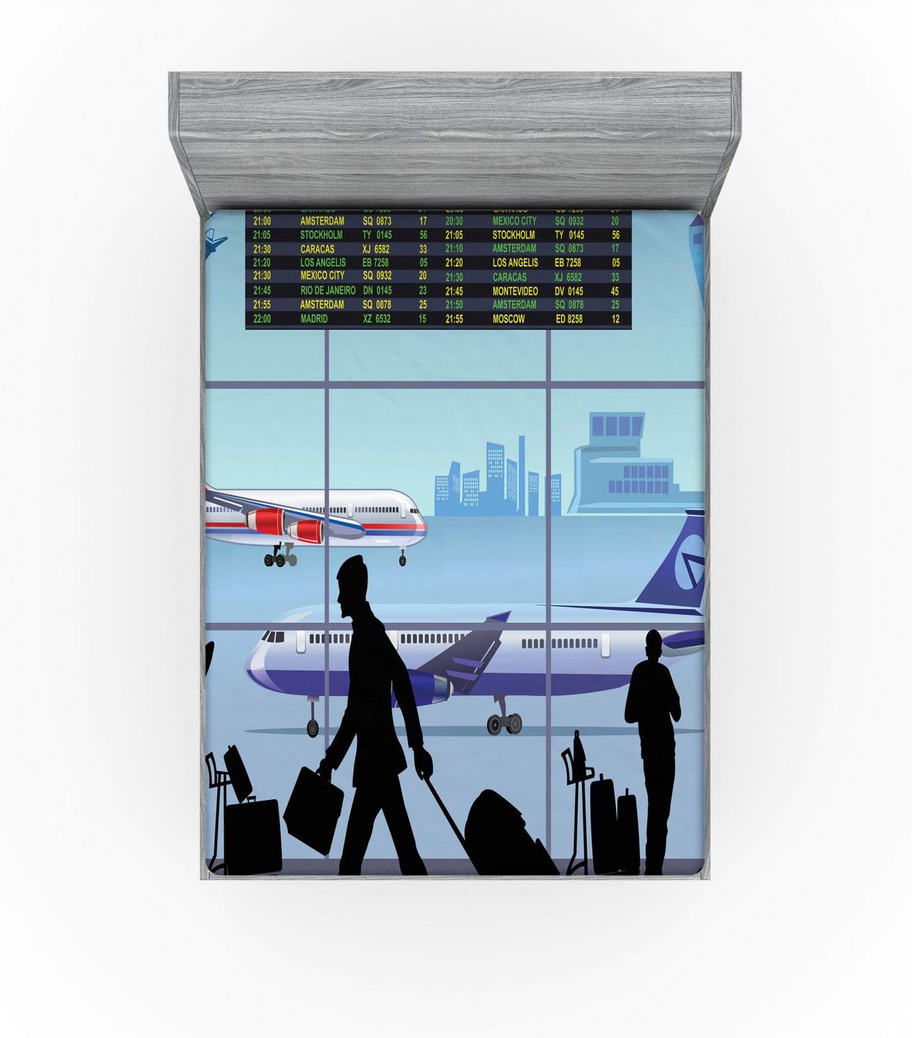 Ambesonne Airport Fitted Sheet, Planes and Flight Board with Silhouette of Passenger People Terminal Cartoon, Bed Cover with All-Round Elastic Deep Pocket for Comfort, Queen Size, Multicolor