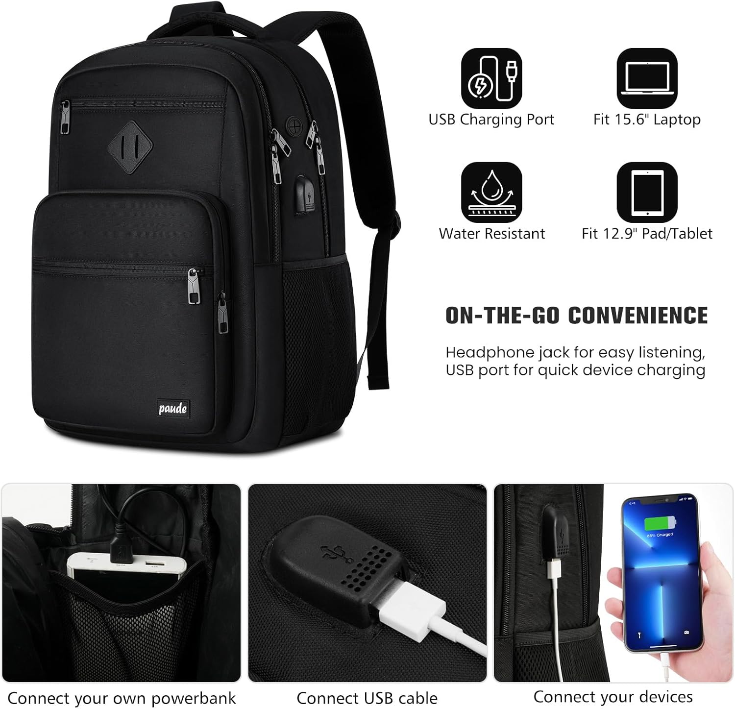 Paude Black Backpack,School Backpack for Teens Adults Laptop Bookbag for High School College Students Back Pack for Work - Image 6