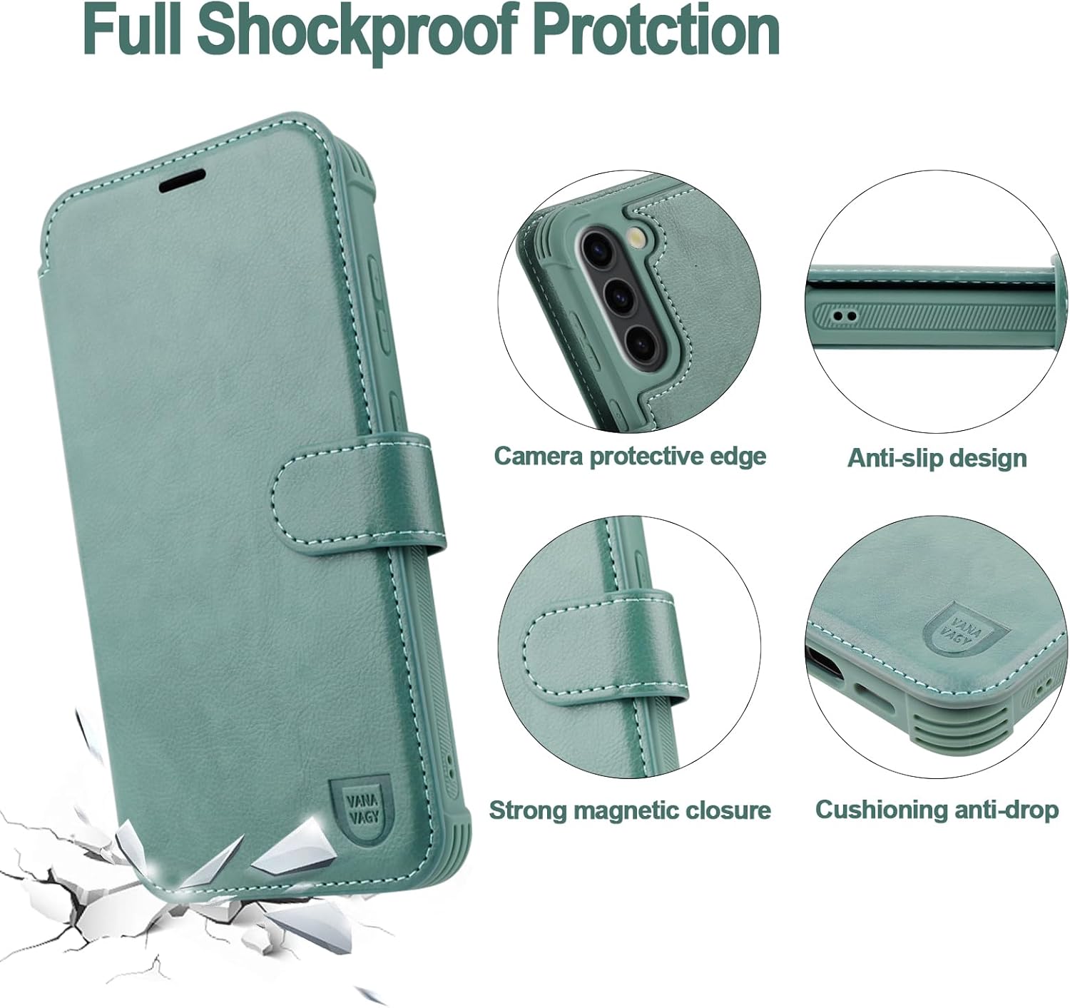 VANAVAGY Compatible for Galaxy S23 Wallet Case for Women Men, PU Leather Flip Cover with Wrist Strap for Wireless Charging with RFID Blocking Card Holder Screen Protector,Forest Green