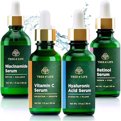 Tree of Life Beauty Facial Skin Care Set, Brightening, Firming, Hydrating, Dry Face, Dermatologist Tested - Niacinamide + Vitamin C + Retinol + Hyaluronic Acid Serum - 4 count of 1 Fl Oz