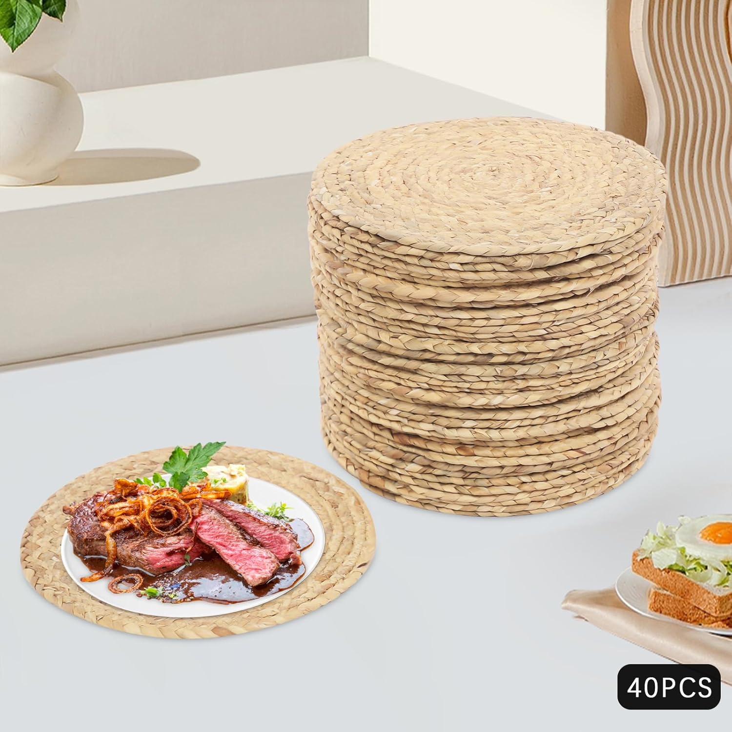 40Pcs Bulk Round Woven Placemats Plate Chargers, Rattan Wicker Table Mats, 11.81in Boho Farmhouse Rustic Woven Placemat, Braided Straw Rattan Charger Place Mat for Wedding Party Use (40)