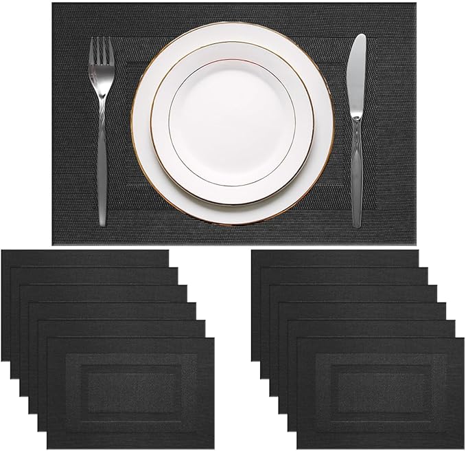 PIGCHCY Placemats,Washable Woven Vinyl Durable Placemats for Dining Table,Easy to Clean Plastic Placemats Set of 6 (18 x 12 inches, Pure Black)