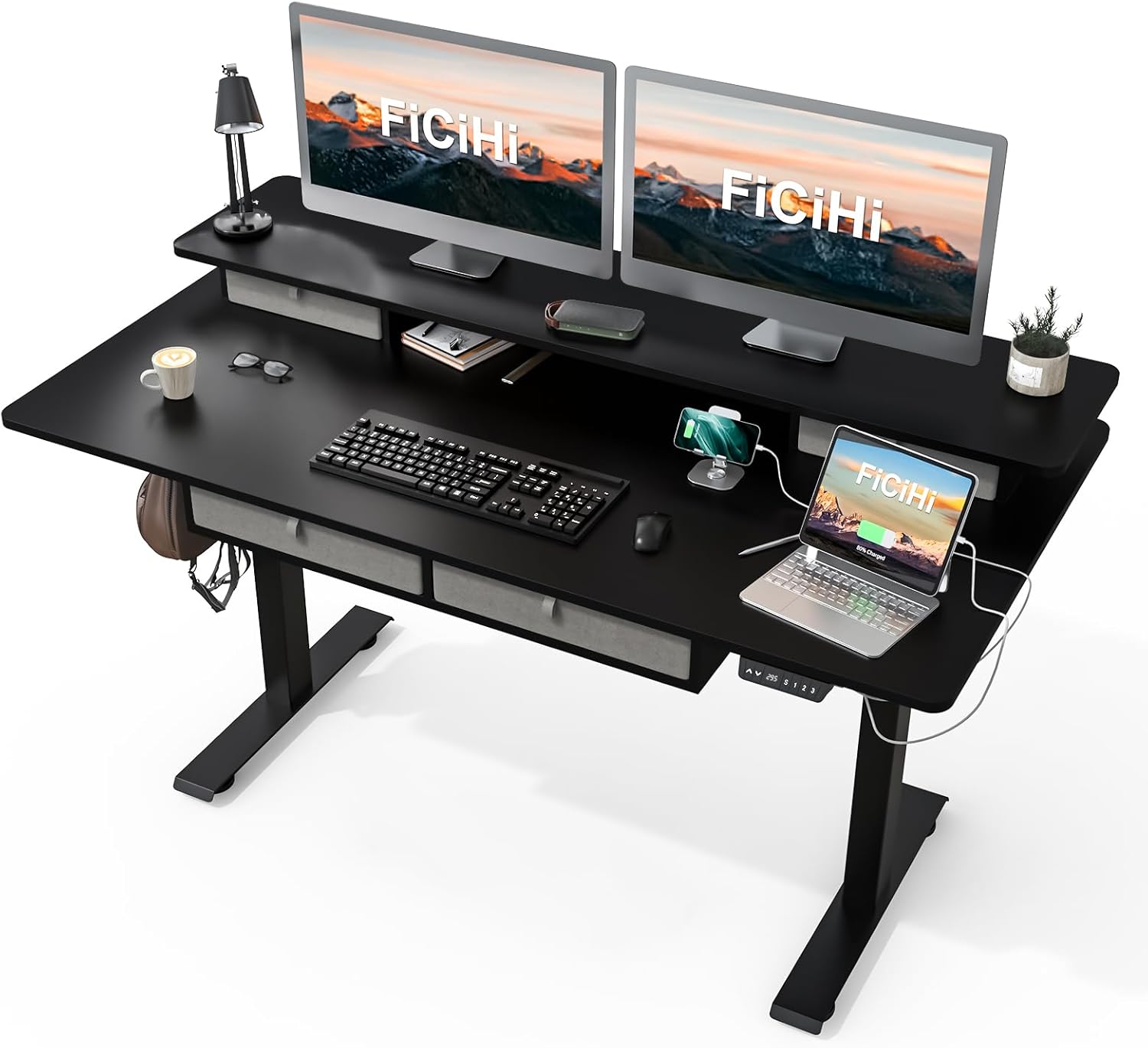 FiCiHi Adjustable Height Standing Desk with 4 Drawers,55 x 30 inches Electric Sit Stand Home Office Desk with Two Tiers, 3 Memory Presets, Monitor Stand Riser, USB A/C Charging Port