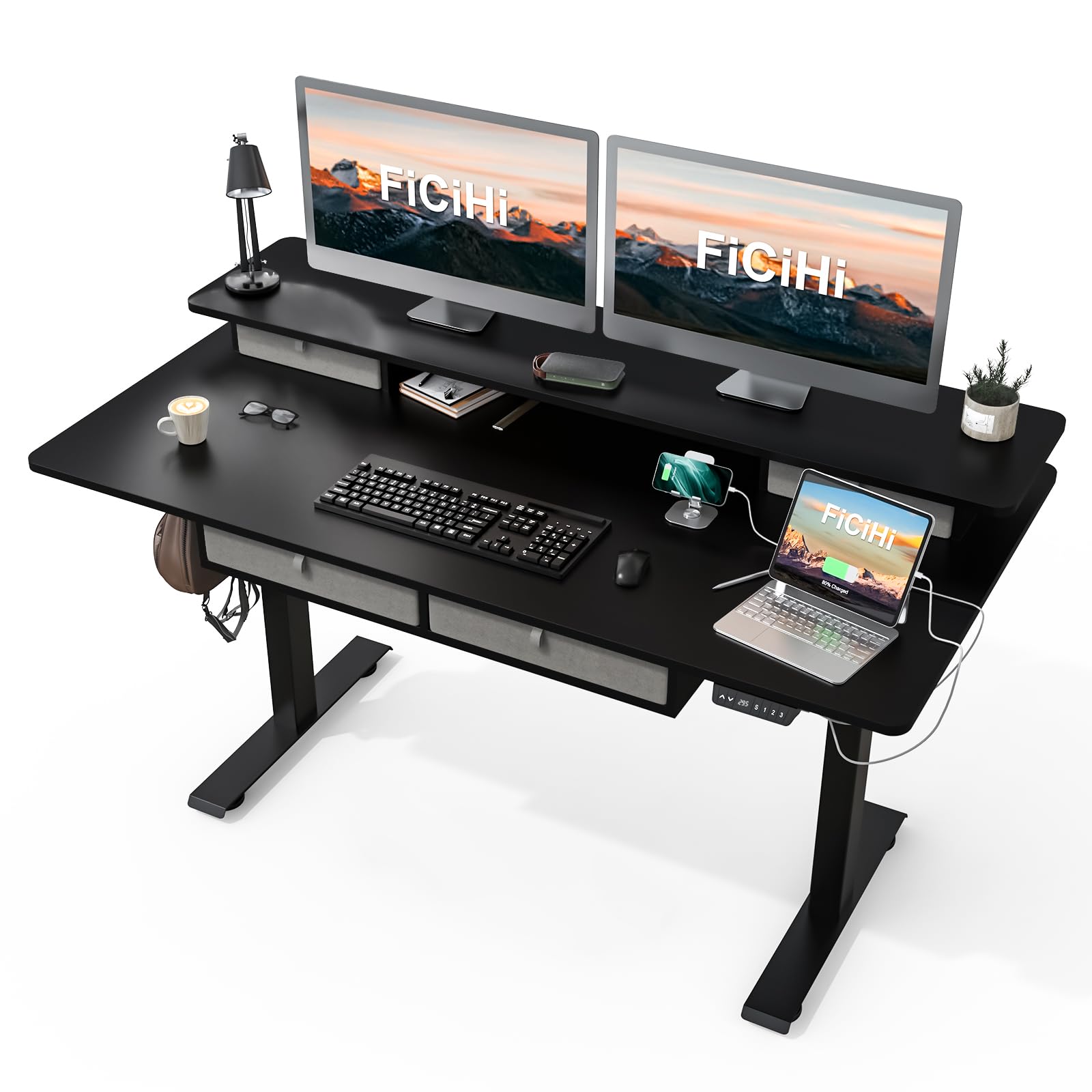 FiCiHi Adjustable Height Standing Desk with 4 Drawers,63 x 30 inches Electric Sit Stand Home Office Desk with Two Tiers, 3 Memory Presets, Monitor