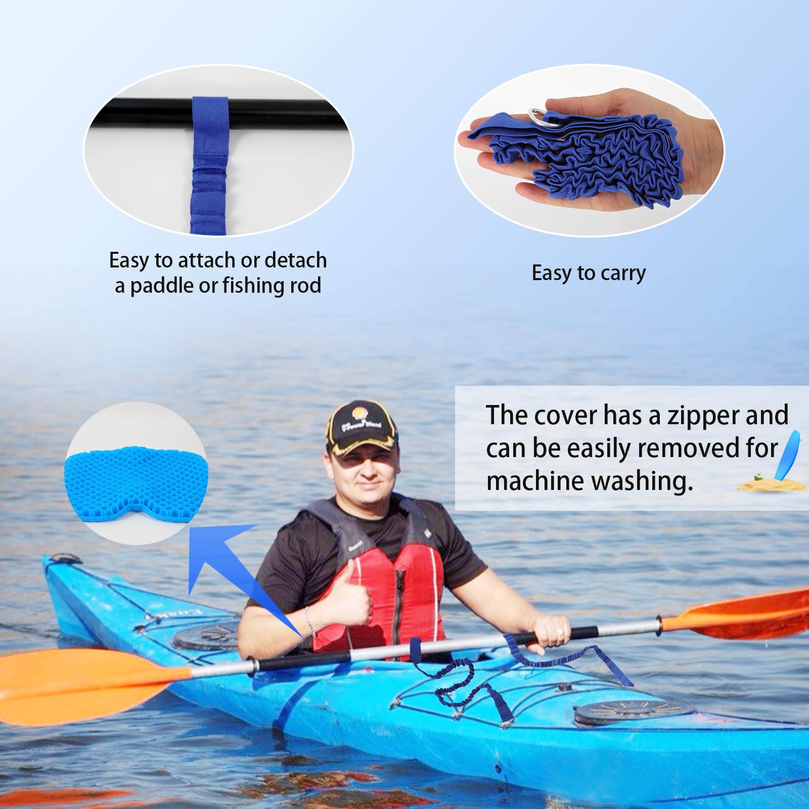 Cuscino per kayak in gel stereoscopico 3D, antiscivolo, con 2 corde per kayak, a forma di U, comodo e traspirante, per barca e pesca, cuscino spesso per kayak