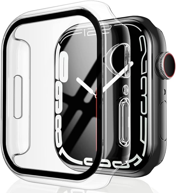 TAURI 2 Pack Hard Case Compatible for Apple Watch Series 7/8 45mm Built in 9H Tempered Glass Screen Protector, [Touch Sensitive] [HD Clear] Slim Bumper [Full Protection] Cover for iWatch 45mm - Clear
