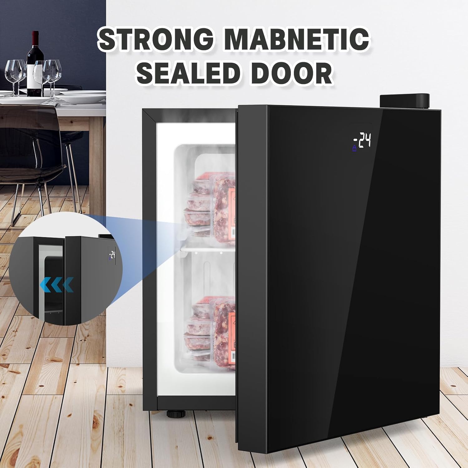 Advwin freezer with door slightly ajar, showing the strong magnetic sealed door mechanism.