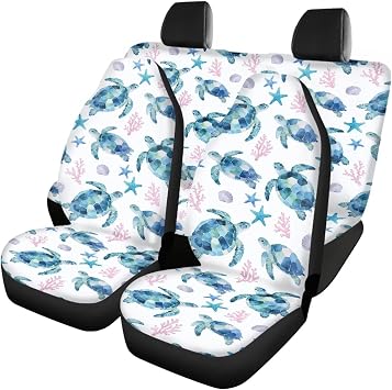 Yewattles Blue Retro Sea Turtle 4 Packs Car Front and Rear Seat Covers, Automotive Car Seat Covers Protector Accessories Fit Trucks SUV Van Easy Install Clean