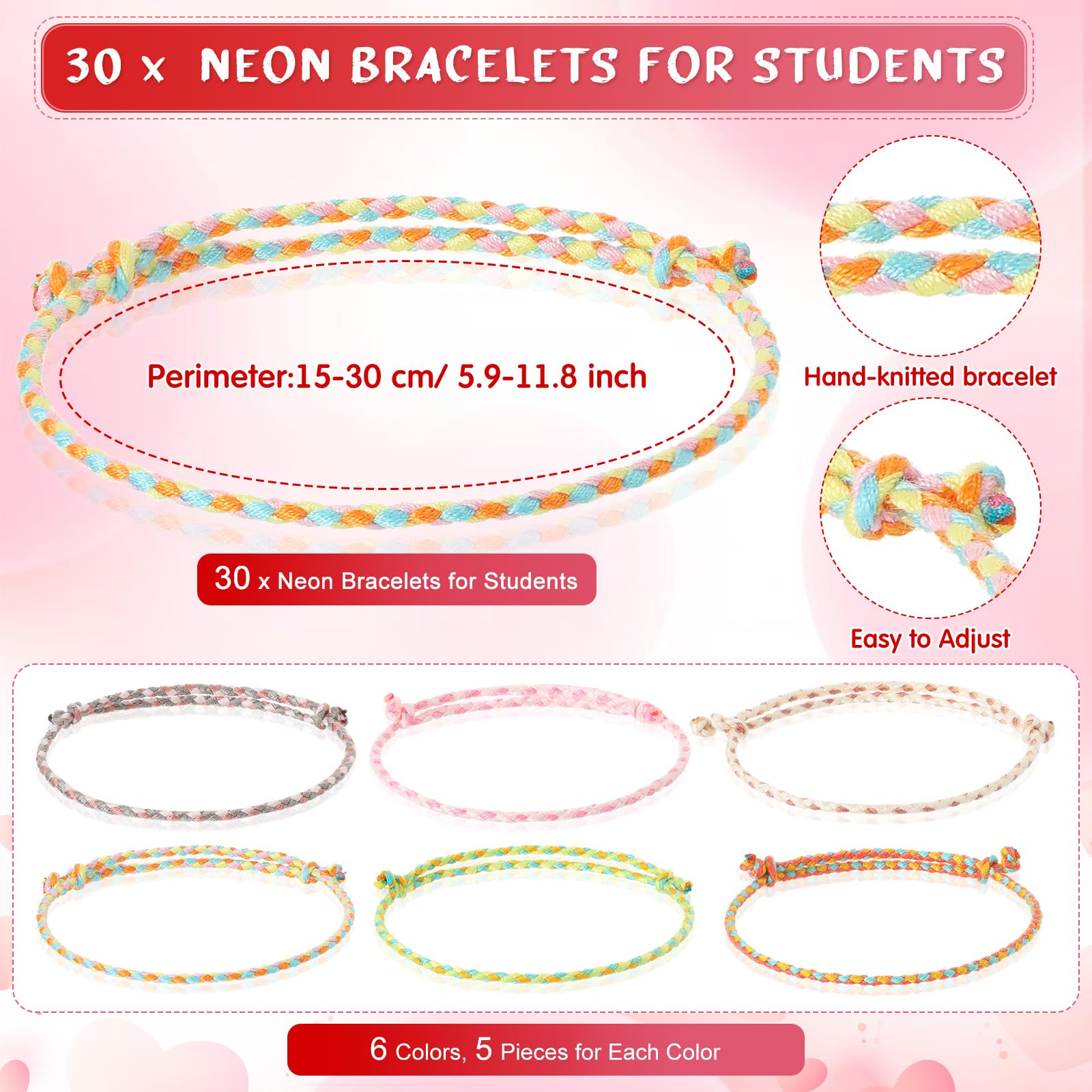 Riceshoot 60 Sets Valentine Gifts for Kids Classroom Neon Bracelets Rope Bracelets Valentine’s Day Gift Cards Our Class Will Knot Be The Same Without You Cards for Kids Classroom Exchange