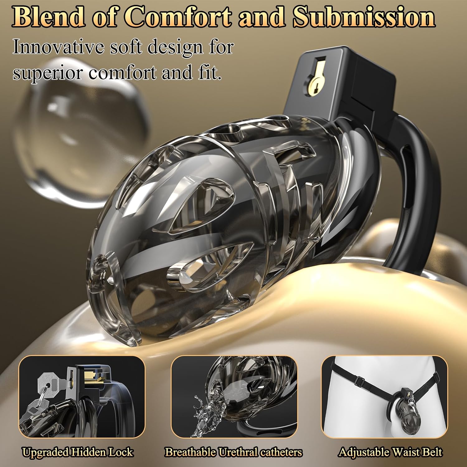 Male Chastity Cage, Large Soft Silicone Cock Cage Lightweight with 6 Sizes Rings and Invisible Lock for Man Penis Exercise, Perfect for Long-Term Wear, Erection Control & Bondage Play