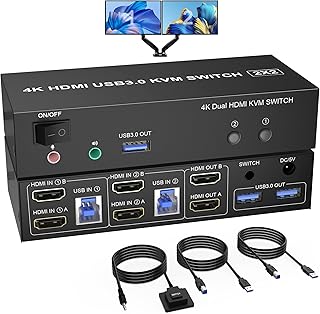 USB 3.0 Dual Monitor KVM Switch HDMI 2 Port, 4K@60Hz Extended Display KVM Switch 2 Monitors 2 Computers with Audio Microphone Output and 3 USB 3.0 Ports, PC Monitor Keyboard Mouse Switcher