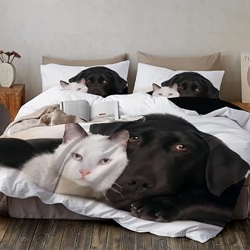 Black Dog and cat Bedding Set Twin Animal Comforter Cover Set for Boys Girls Teens Wild Life Duvet Cover Decor Bedspread Cover Room Decor Clorful Quilt Cover,No Comforter