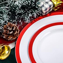 I00000 60PCS Red Plastic Plates White and Red Party Plates Disposable Christmas Plastic Plate Set Include 30 Dinner Plates, 30 Dessert Plates, Fancy Plates Perfect for Christmas Parties