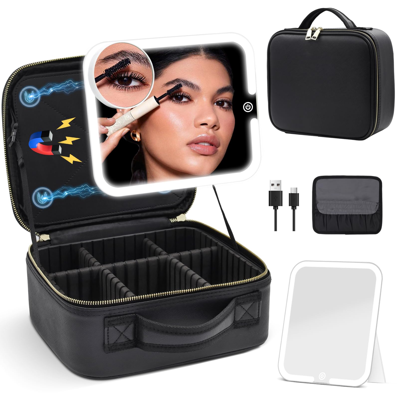 Makeup Bag with Magnetic Detachable Lighted Mirror 360° Swivel Angle, Travel Makeup Bag with Lights Portable Makeup Case Organizer with Mirror,