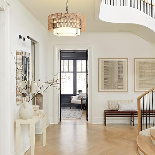 Miniatura 5 de Candelabro de ratán bohemio, lámpara colgante de ratán de 19.7 pulgadas con pantalla de tela, lámpara de techo estilo granja de 4 luces con