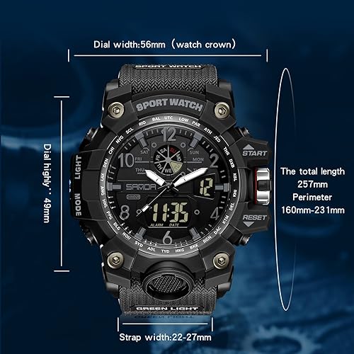 Vista 4 de Reloj militar para hombre, de doble pantalla, impermeable, deportivo, digital, muñeca grande, con alarma