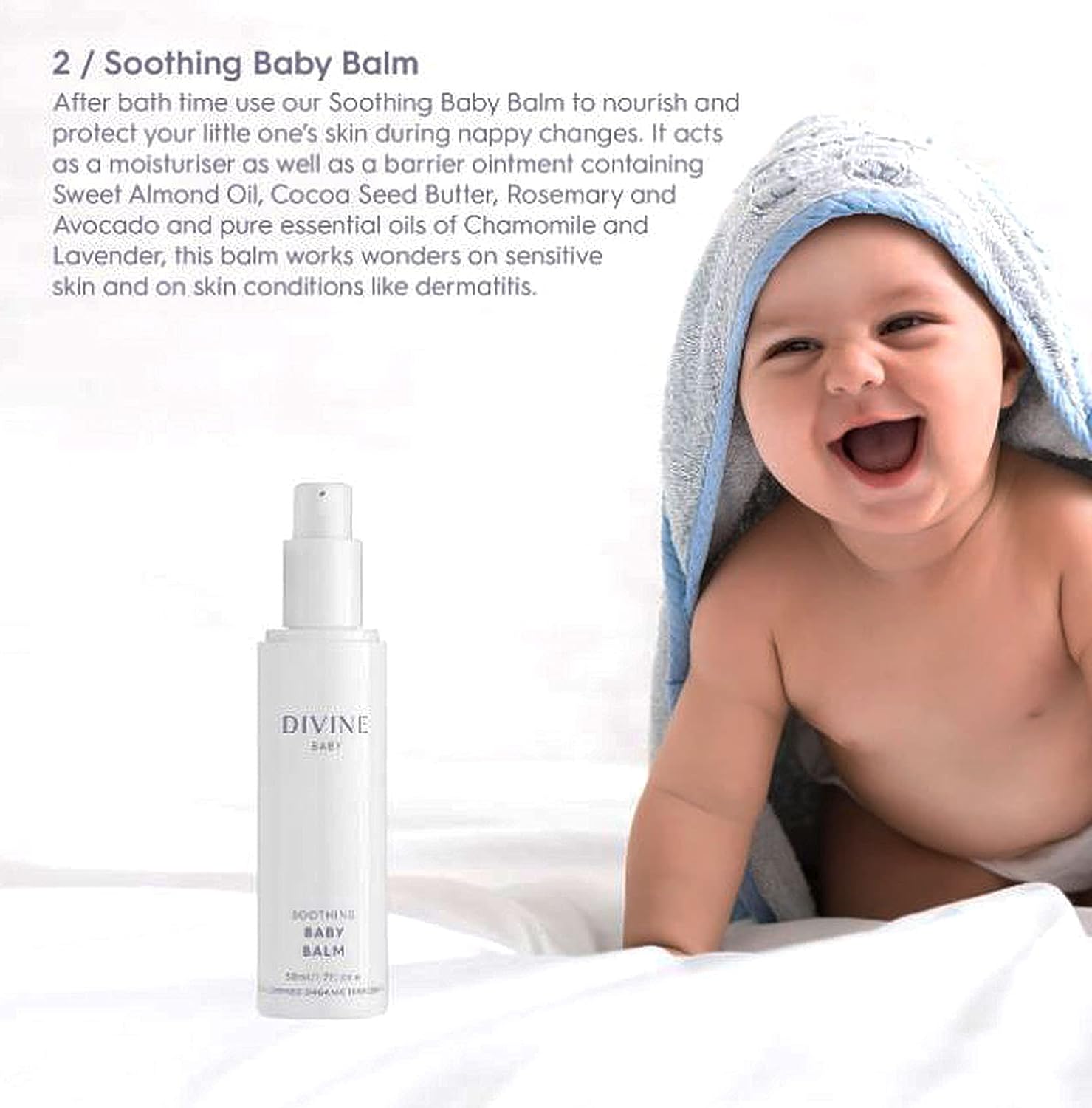 DIVINE BABY Soothing Baby Balm, All Natural Ingredients, Unscented Pure and Natural, Certified Organic Baby Care Products, Soothes And Repairs Redness, Dermatitis, Eczema And Cradle Cap, Baby Eczema Cream / Balm, Cruelty Free, Paraben Free Baby Skincare, Vegan Friendly, Newborn Baby Skincare, Baby Shower Gift, Newborn Baby Gift, Made In Australia (50ml 