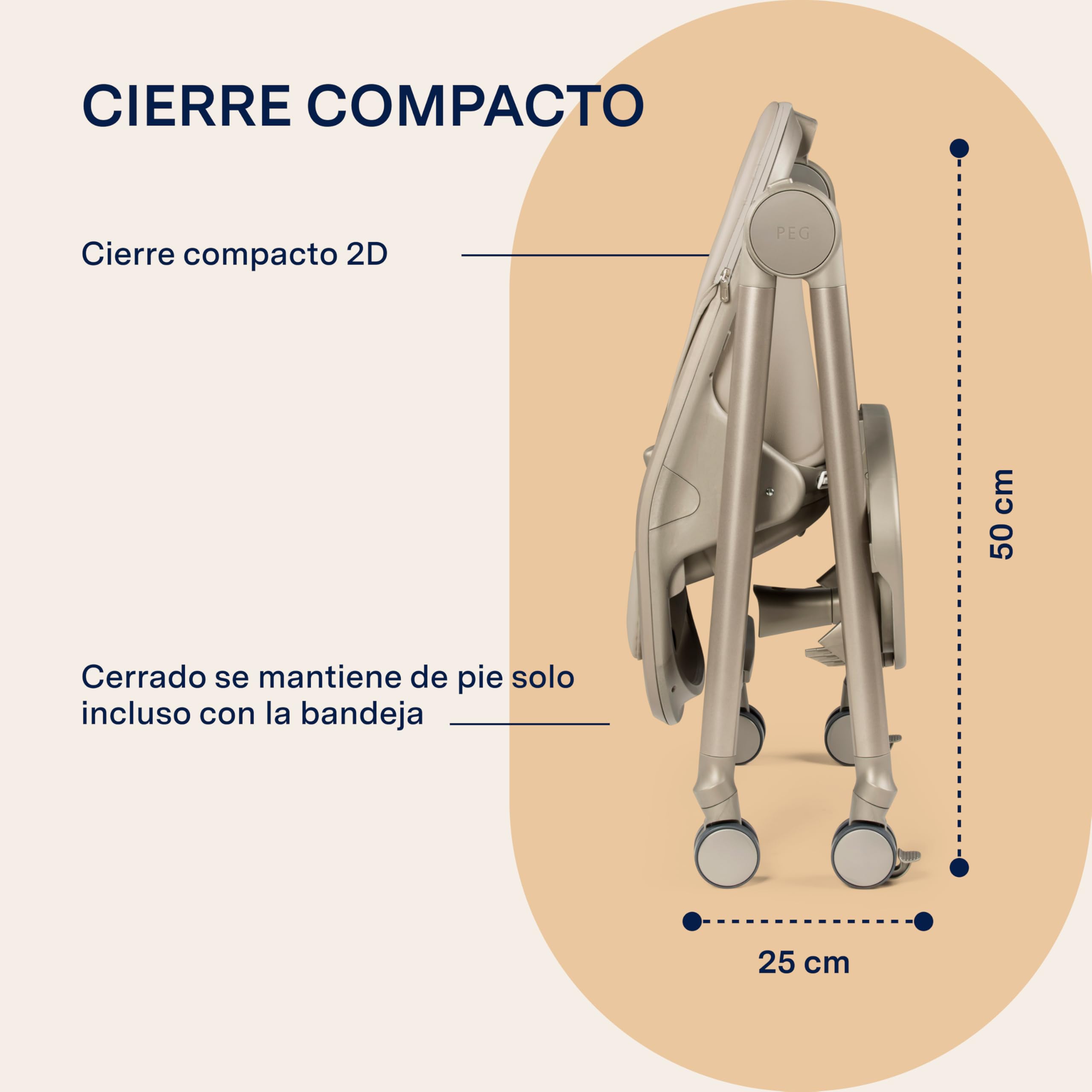 PEG Living Trona desde el Nacimiento, Diseño Contemporáneo, Función Hamaca, Altura Regulable, Bandeja Doble, 4 Ruedas 360°, Cierre Compacto, 0–3 Años (0–15 kg), Space Sand