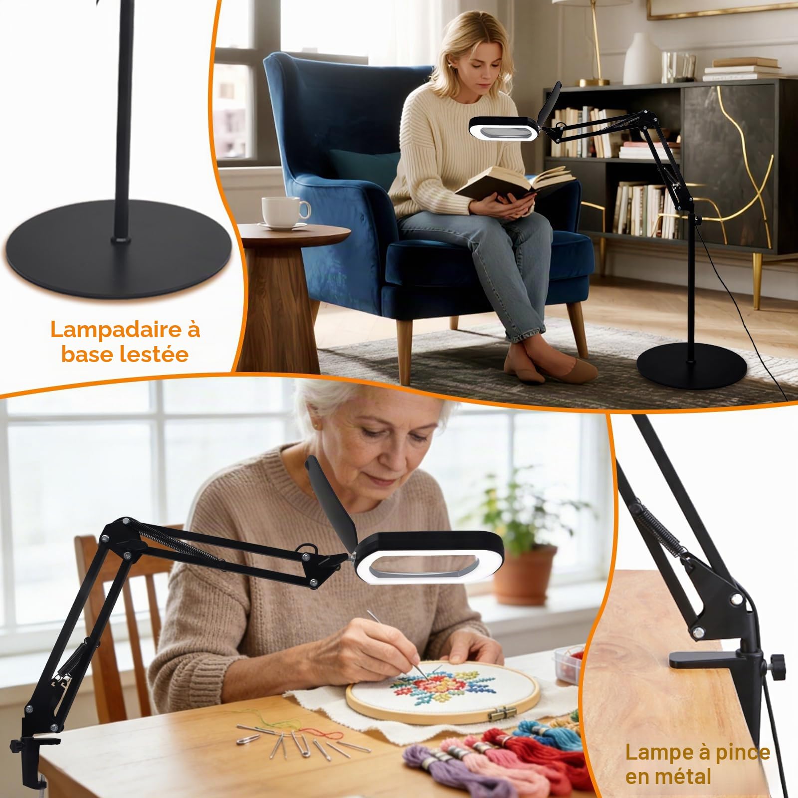 CGBE Lampe Loupe 10X avec lumière: 5'' Loupe de Lecture avec étui Anti-poussière, 5 modes couleur et intensité variable. 3-en-1 Loupe Lampe Inclut Socle et Pince pour Bricolage, Travaux et Loisirs.