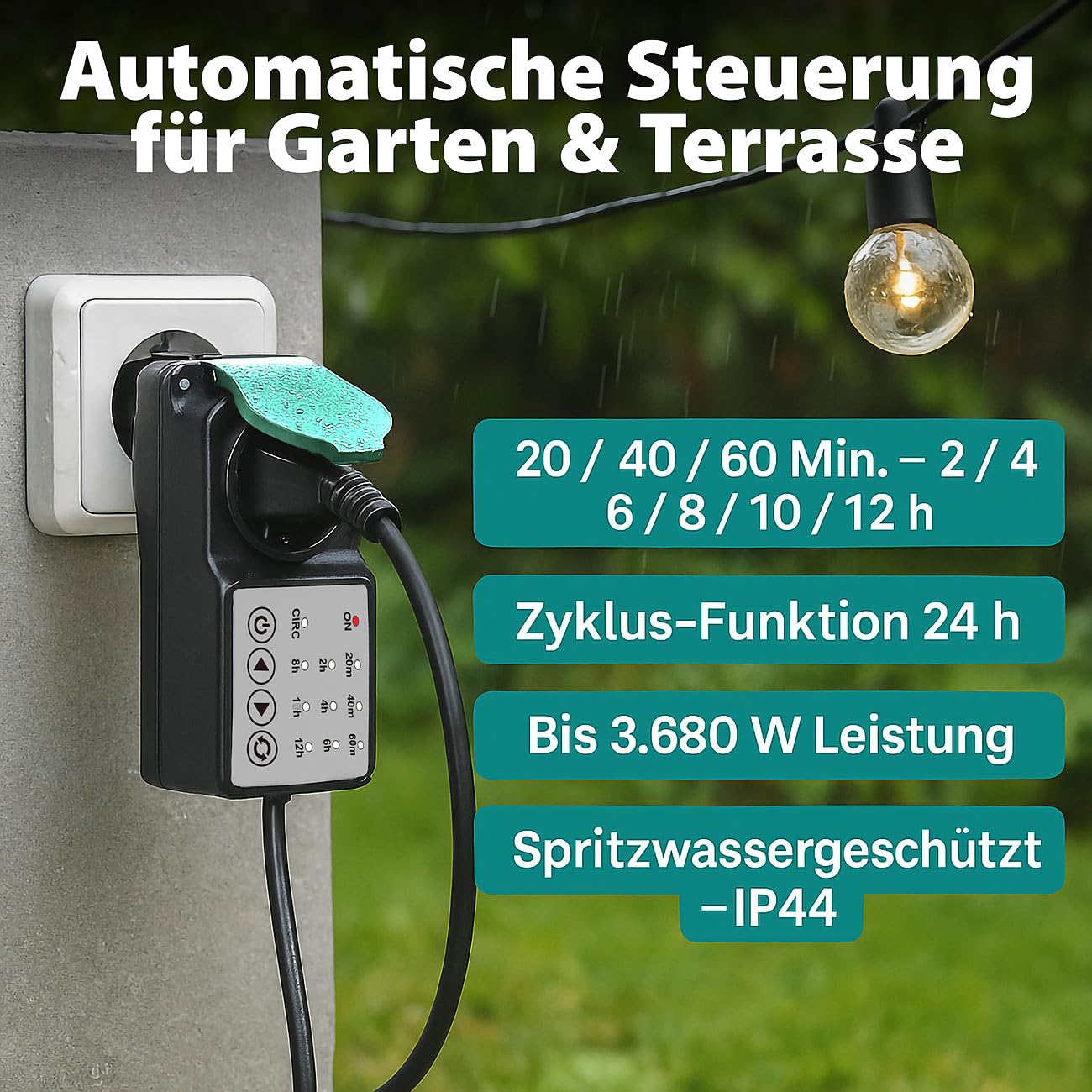 revolt Kurzzeit-Timer-Steckdose: 2er-Set Outdoor-Steckdose mit Countdown-Timer, IP44, 3.680 Watt (Ausschalt Steckdosen, Zeitschaltuhr Countdown)