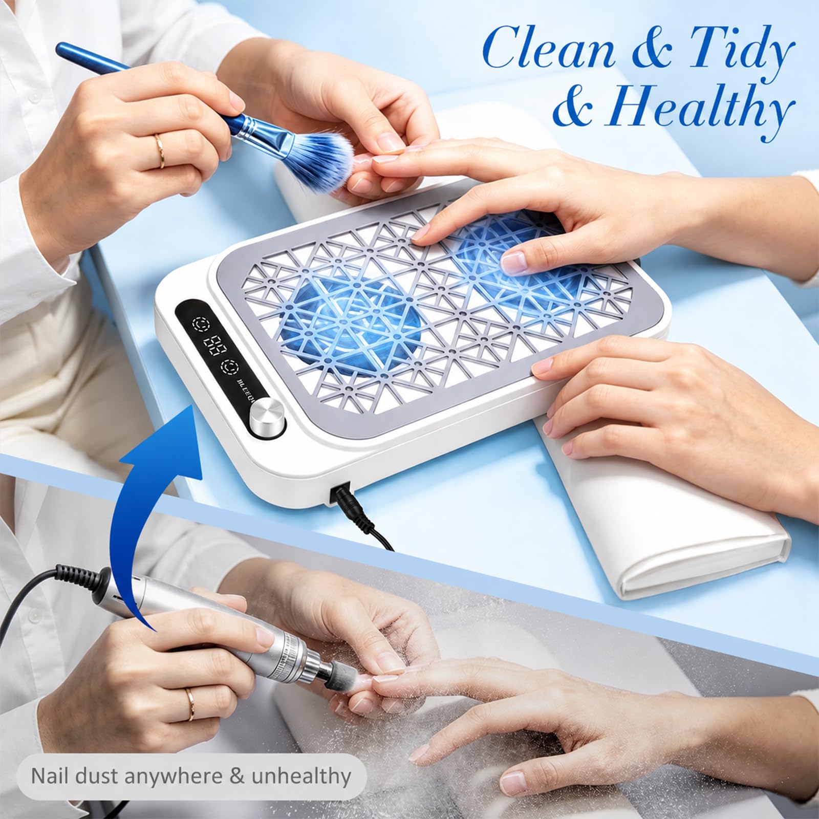 Aspirador de Polvo para Uñas Profesional 8000RPM, Aspirador Uñas con 10 Niveles de Velocidad Regulables & Pantalla LED, Extractor de Polvo para Manicura con Filtro, Silencioso para Salón y Casa