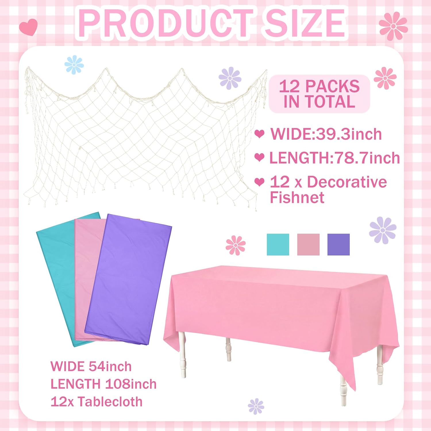 24 Pcs Fish Net and Tablecloth Set 3 Colors Ocean Waves Tablecloths and Cotton Fish Net Set for Nautical Baby Shower Pirate Mermaid Birthday Party Decorations, 54 x 108 Inch
