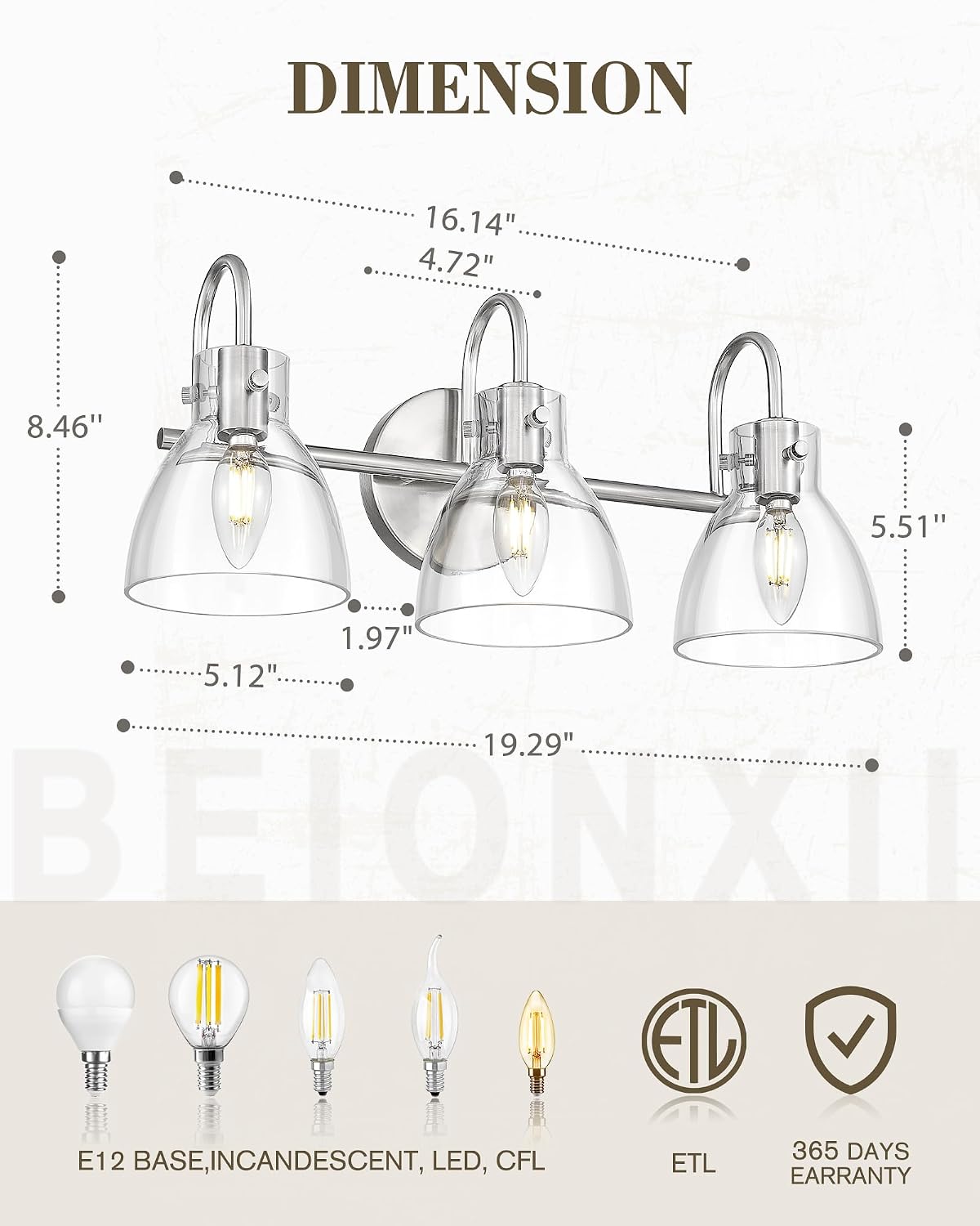 Beionxii Brushed Nickel Bathroom Light Fixtures, 3-Light Bathroom Light Fixtures Over Mirror, Bathroom Vanity Light with Clear Glass Shade, Modern Vanity Lighting for LivingRoom Hallway, BX-VL02BN-3CG