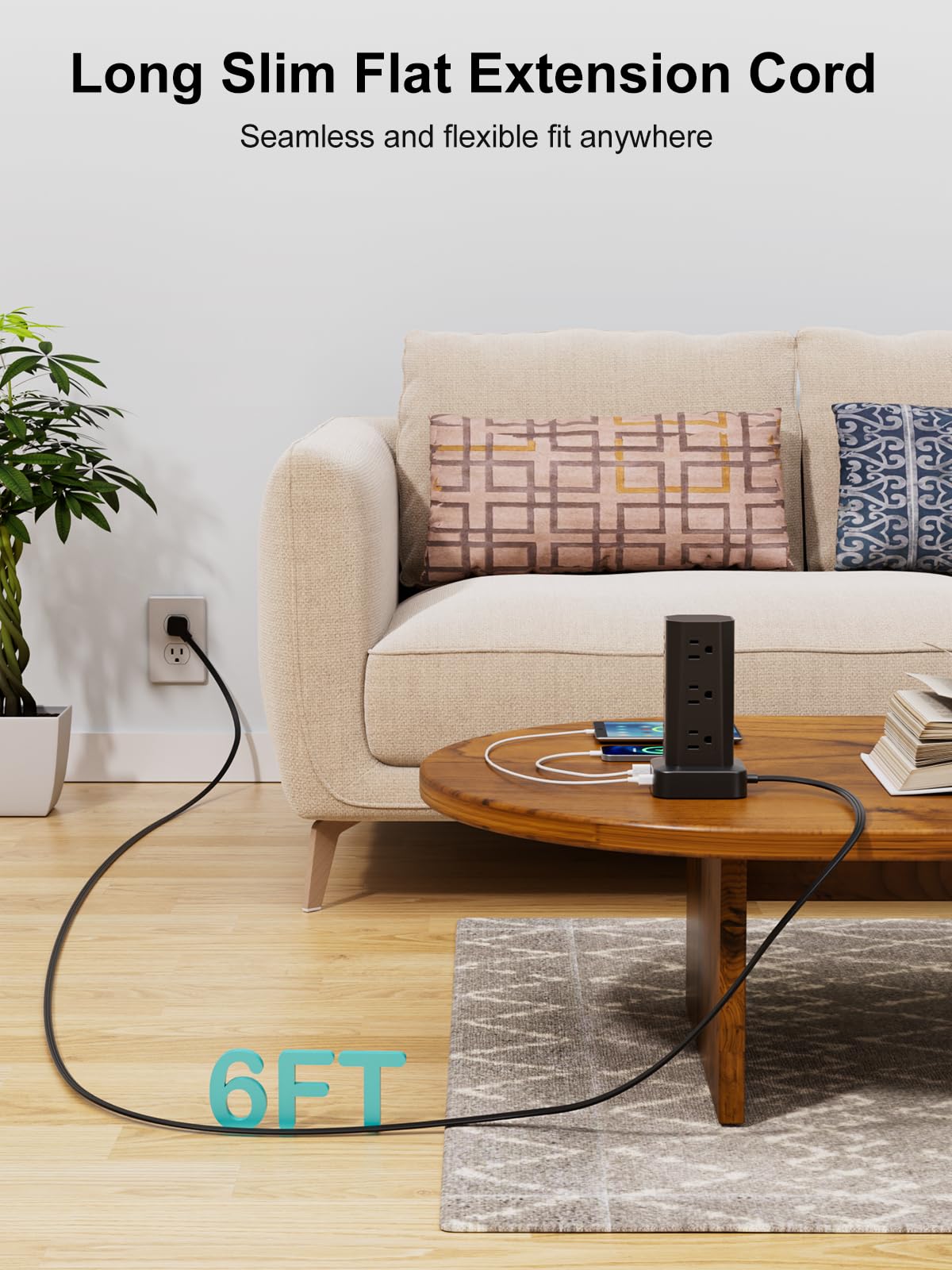 Protector de sobretensiones de torre, cable de extensión de enchufe plano de 6 pies con múltiples tomas, 12 salidas de CA, 4 USB (2 USB C), estación de carga de computadora con protección contra
