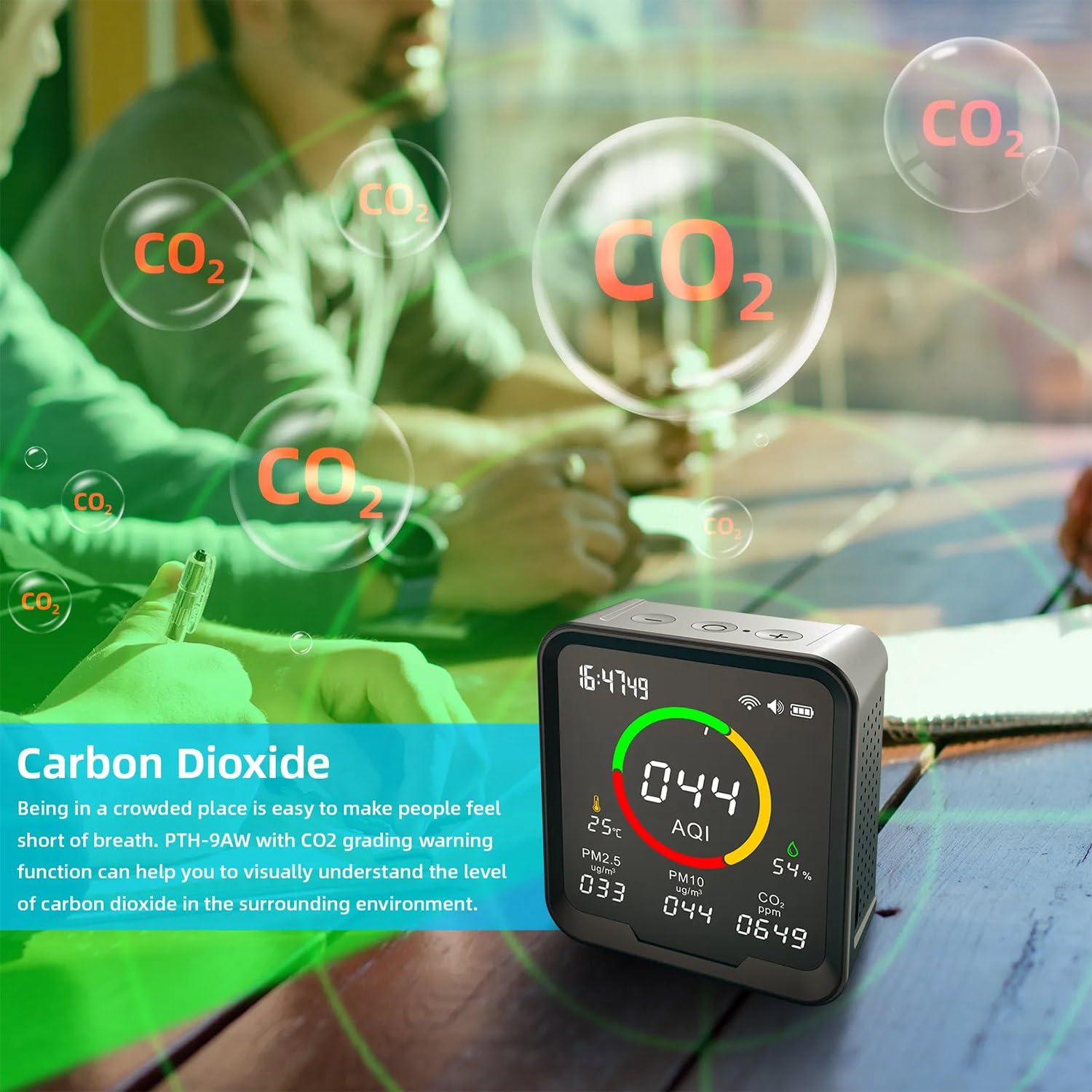 Detector de CO2 PTH-9AW Detector de CO2 portátil con monitor medidor de dióxido probador digital de temperatura y humedad reloj PTH 9AW