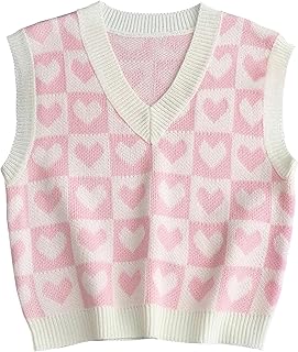 SAFRISIOR Women Cute Heart Checker Print Sweater Vest V Neck Color Block Sleeveless Pullover Knit Tank Top 90s E-Girls