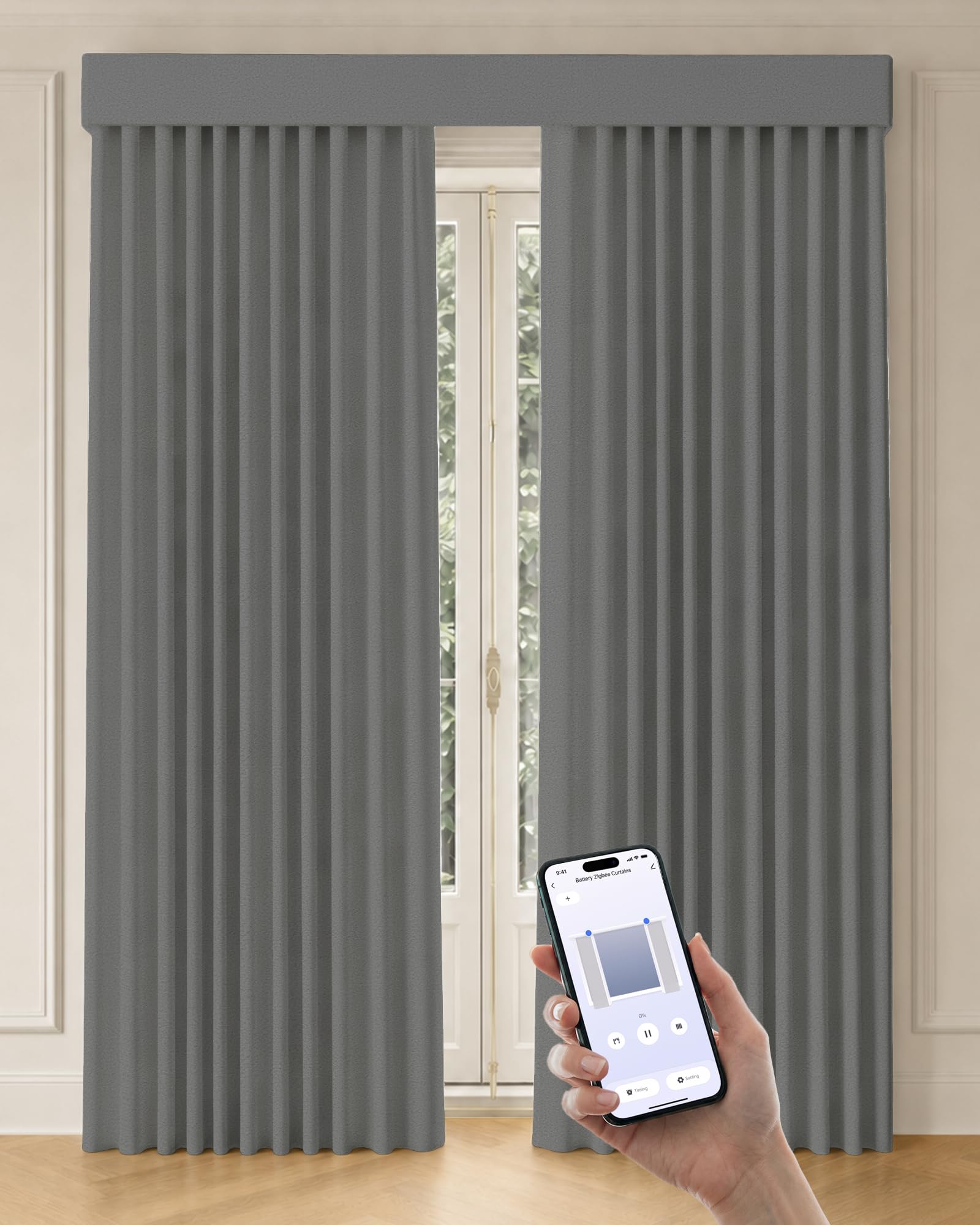 Graywind Motorized Curtains with Track, Room Darkening Smart Curtains, Rechargeable Curtains Compatible with Alexa &amp; Remote Control for Large Windows, Custom Drapes Up to 220", Echo (Smoke)