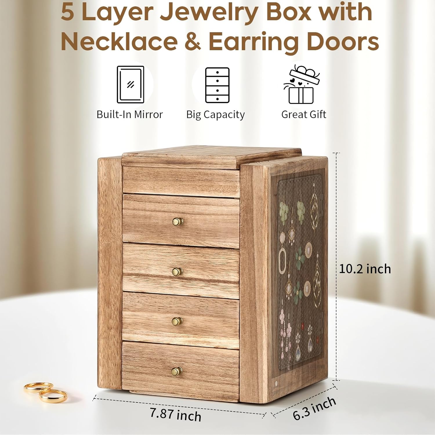 Meangood Jewelry Box Wood for Women, 5-Layer Large Organizer Box with Mirror & 4 Drawers for Rings, Earrings, Necklaces, Vintage Style, Torched Wood - Image 8