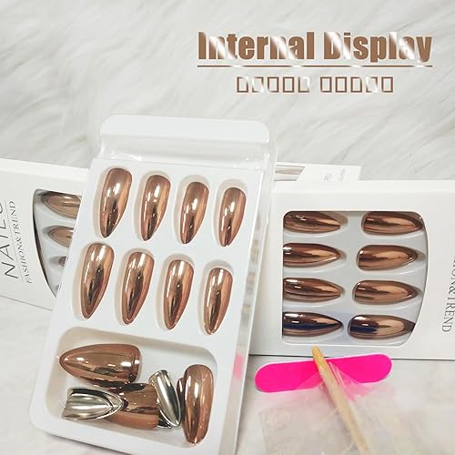 Miniatura 4 de Uñas postizas a presión cromadas de bronce y almendra mediana, uñas postizas de color sólido con diseño brillante, uñas postizas acrílicas de metal