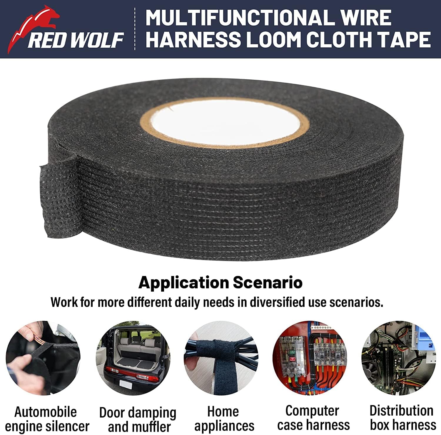 RED WOLF Wire Harness Cloth Electrical Tape for Automotive Engine Harnesses Protection Noise Damping Cables Fixed, High Temp Wire Cable Self-Adhesive Fabric Tape 3/4 Inch x 50 FT 3 Rolls