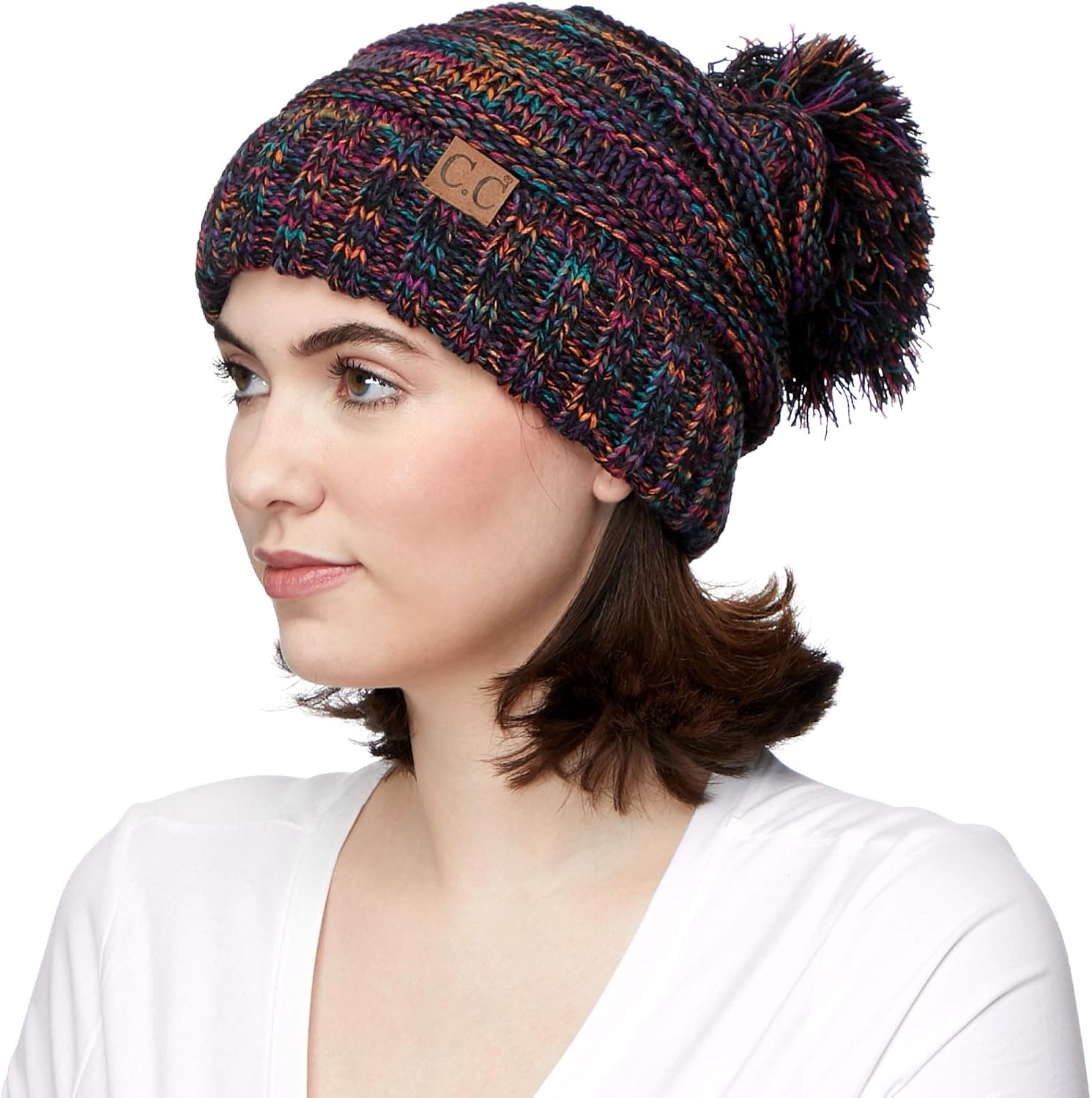 Hatsandscarf CC Exclusives Unisex Oversized Slouchy Beanie with Pom (HAT-6242POM) (Black Multi Amazon)