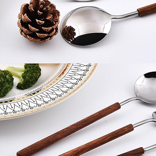 Miniatura 10 de Cuchara de mango de madera retro, cucharadas de servir de acero inoxidable, cuchara de madera, cubiertos plateados con mango marrón, 4 unidades.