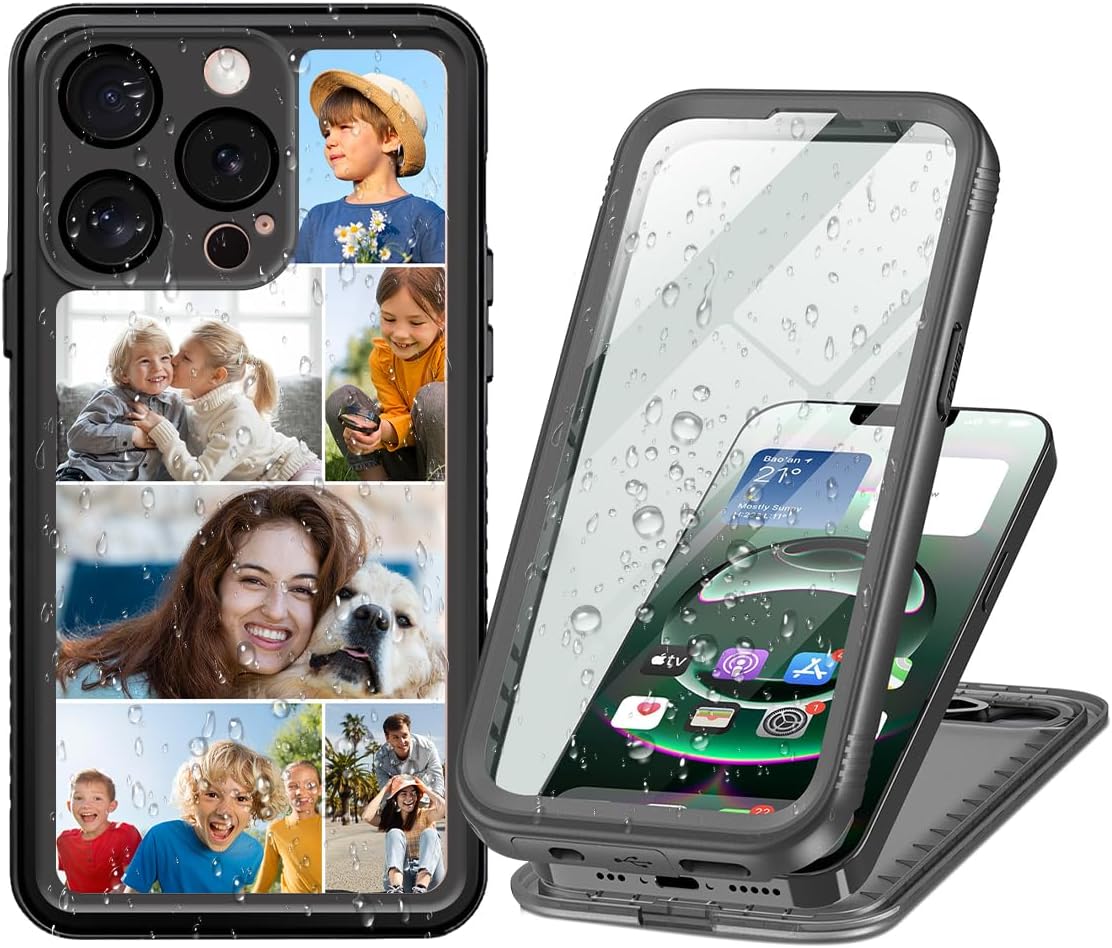 Custom Photo Case for iPhone 17 Pro Max Air 16 15 14 Plus 16e 13 12 Mini 11 SE XS XR 8 7 IP68 Waterproof Dustproof Personalized Collage Built-in Screen Protector Full Body Sealed Cover Black Clear