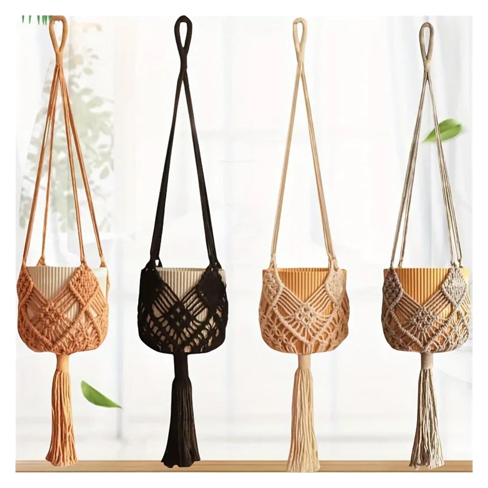 Appendini per Piante Macramè 1pc Macrame Plant Hanger for piante grasse appese for interni ed esterni Corda di cotone intrecciata Cestino appeso con custodia a rete(Black)