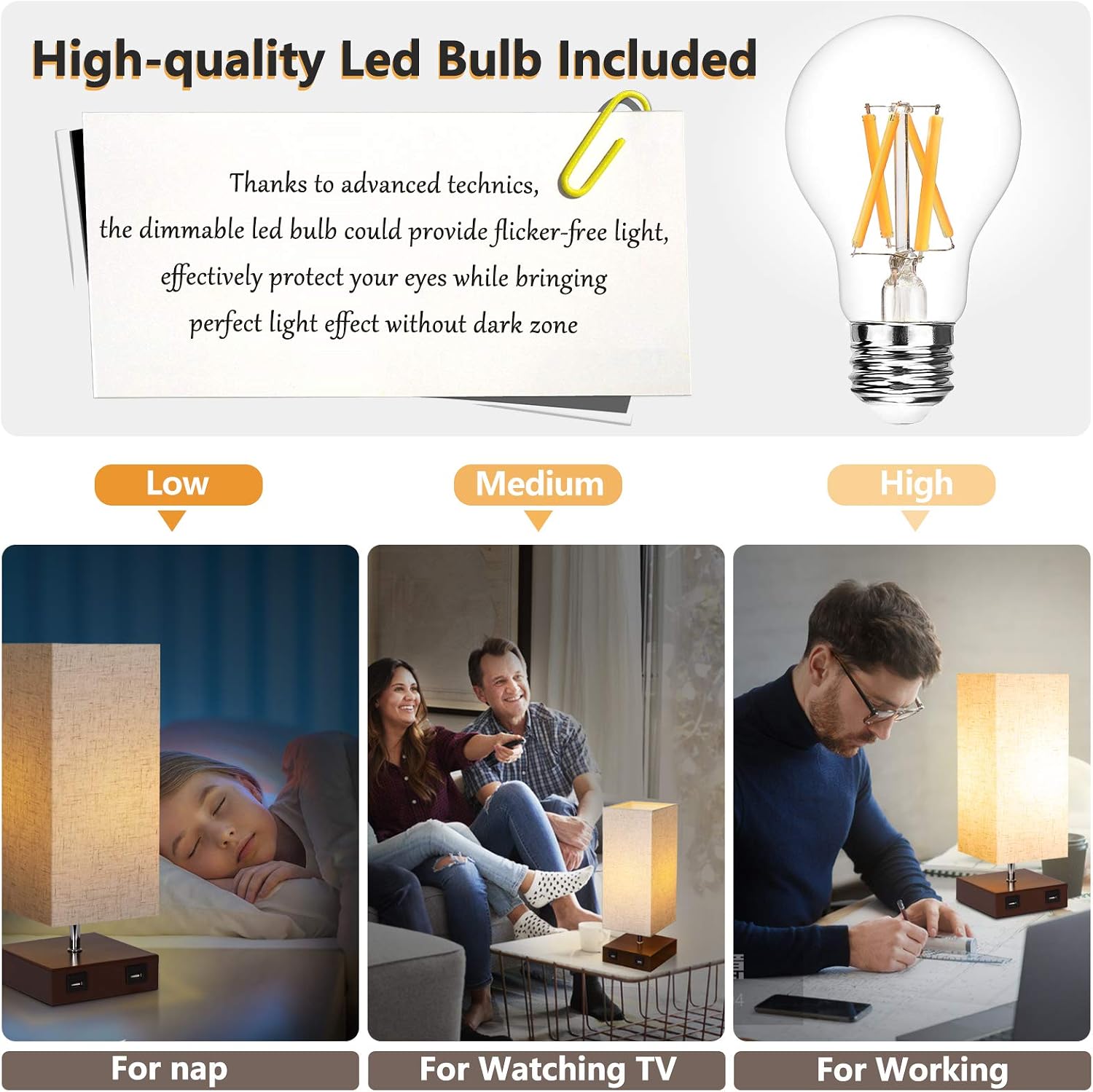 USB Touch Lamp, 3 Way Dimmable Touch Bedside Lamp with Dual USB Charging Ports, Minimalist Nightstand Lamp Small Light Square Fabric Shade for Bedroom, Living Room, Guest Room, 6W LED Bulb Included