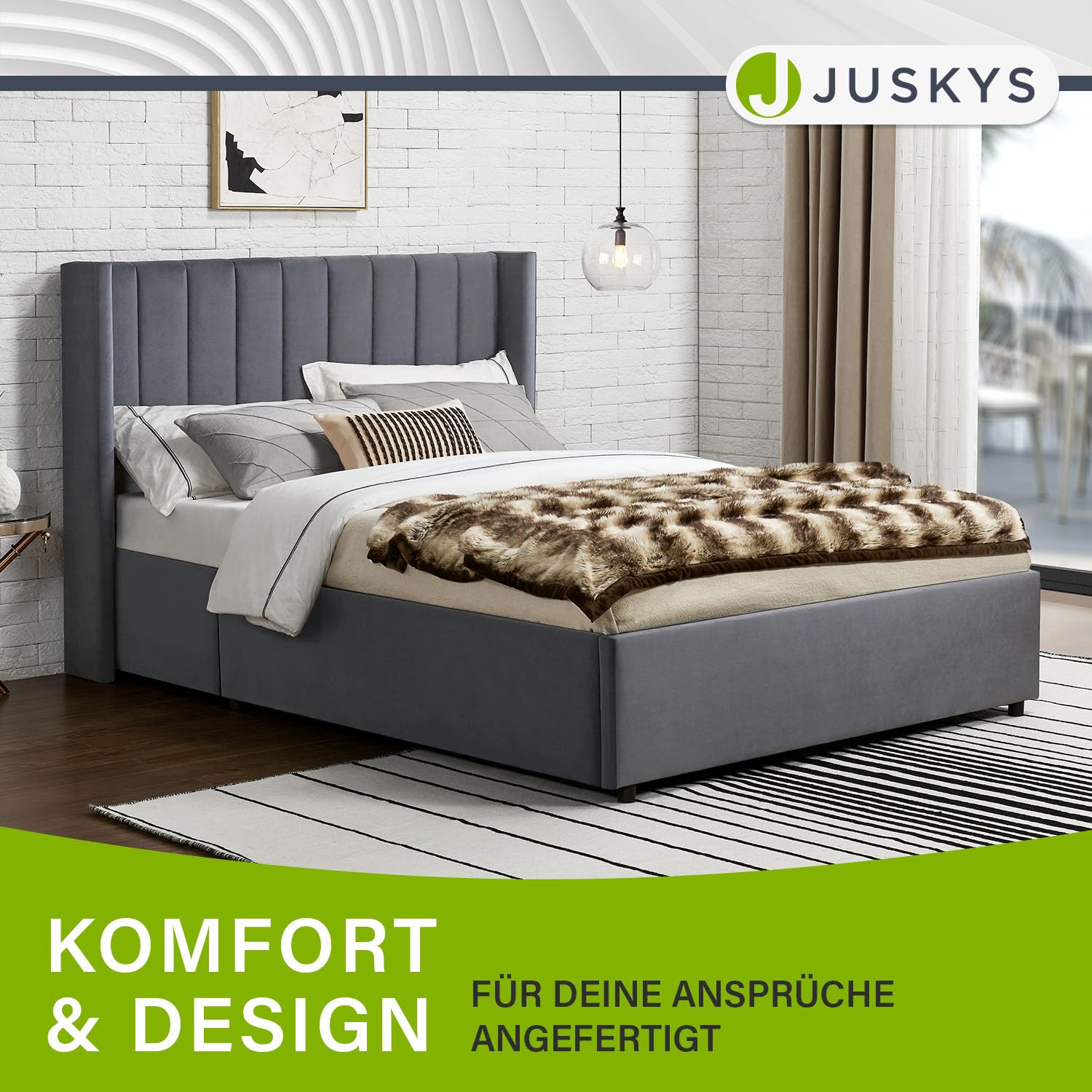 Juskys Polsterbett Savona 140x200 cm mit Matratze, Bett mit Stauraum, Samt-Bezug, Bettgestell aus Holz, bis 250 kg, großes Kopfteil, Dunkelgrau
