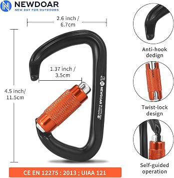 NewDoar 28KN UIAA & CE Certified Auto Climbing Carabiner Professional Auto Locking Clips D-Shaped Heavy Duty Carabiner for Camping, Hiking, Swing, Hammock, Rappelling