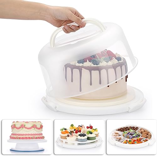 Porta pasteles portátil con tapa y asa, plato giratorio para pasteles + bandeja de almacenamiento de cupcakes para transporte, soporte redondo de 10