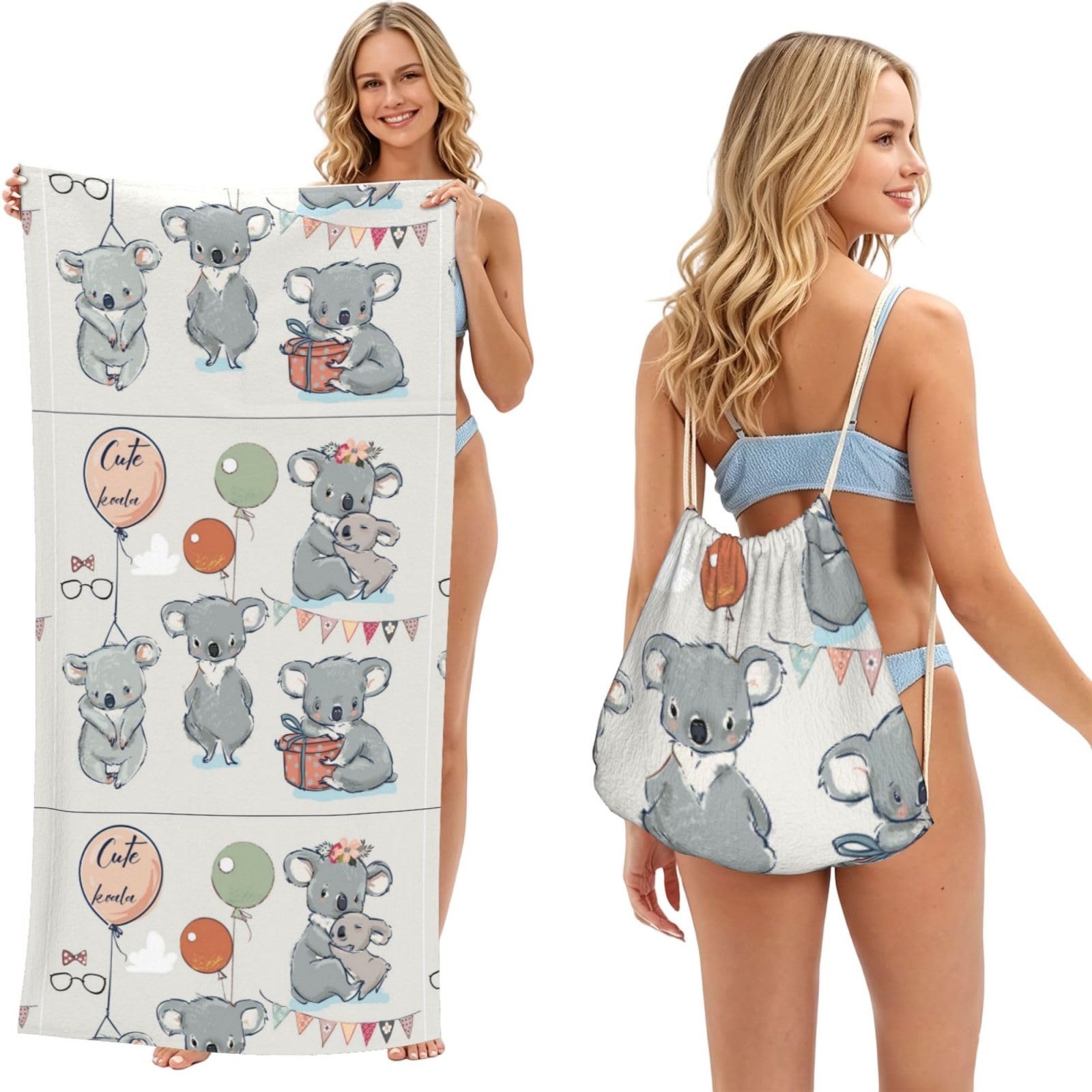 Poadnly As Picture Koala, 2 In 1 Packable Towel Bag, Beach Towels With Drawstring Backpack For Travel Holiday Camping