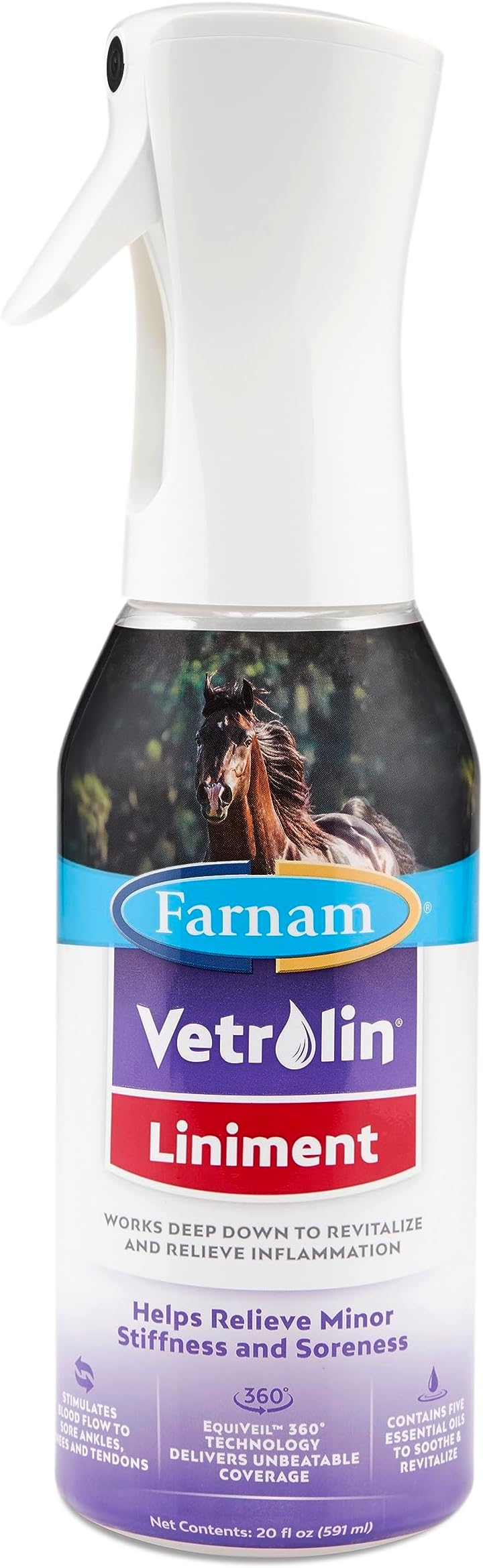 Farnam Vetrolin Horse Liniment Spray for Muscle Soreness, Stiffness and Inflammation Relief, Helps Reduce Swelling, Aids in Pain Relief, Non-Aerosol Spray, Easy Application, 20 Oz.