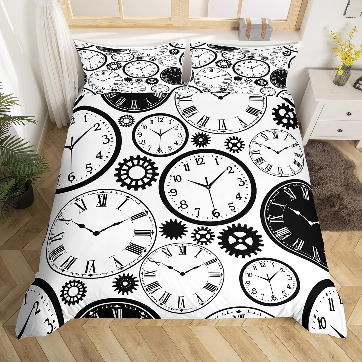 Erosebridal Timepiece Comforter Cover Clock Gears Print Bedding Set for Kids Teens Adult Men Ancient Zigzag Vintage Style Duvet Cover Retro Spiral Bedspread Cover, Black and White Twin Size