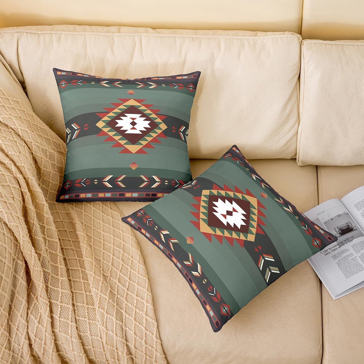 Feelyou 22 x 22-Inch Southwest Native Design Square Cushion Covers Set of 2 Boys Girls Southwestern Geometric Reversible Throw Pillow Covers for Kids Tribal Pillow Covers Home Decor Vintage Green Red