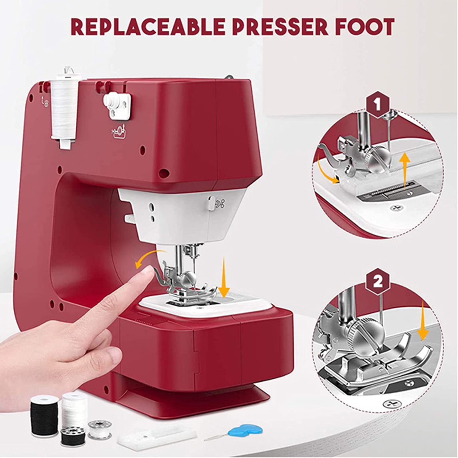 Máquina de Coser Portátil, Máquina de Coser Eléctrica con 12 Puntadas Incorporadas, Ojal de 4 Pasos, Puntada Reversa y Luz LED, Máquina de Coser Compacta para el Hogar para Reparación de Ropa y Manual